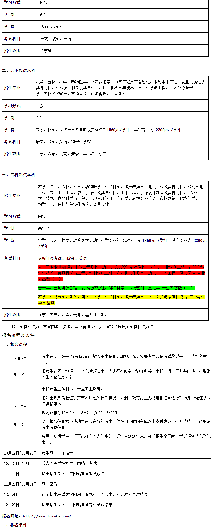 沈阳农业大学成人高考2020年招生简章